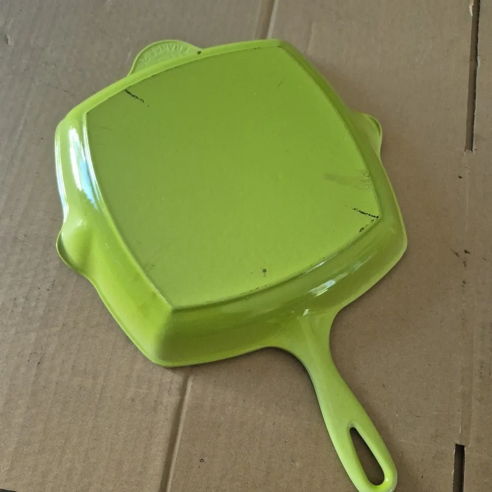 Vintage Le Creuset Kiwi Green Enameled Cast Iron Square Grill Pan Skillet #26